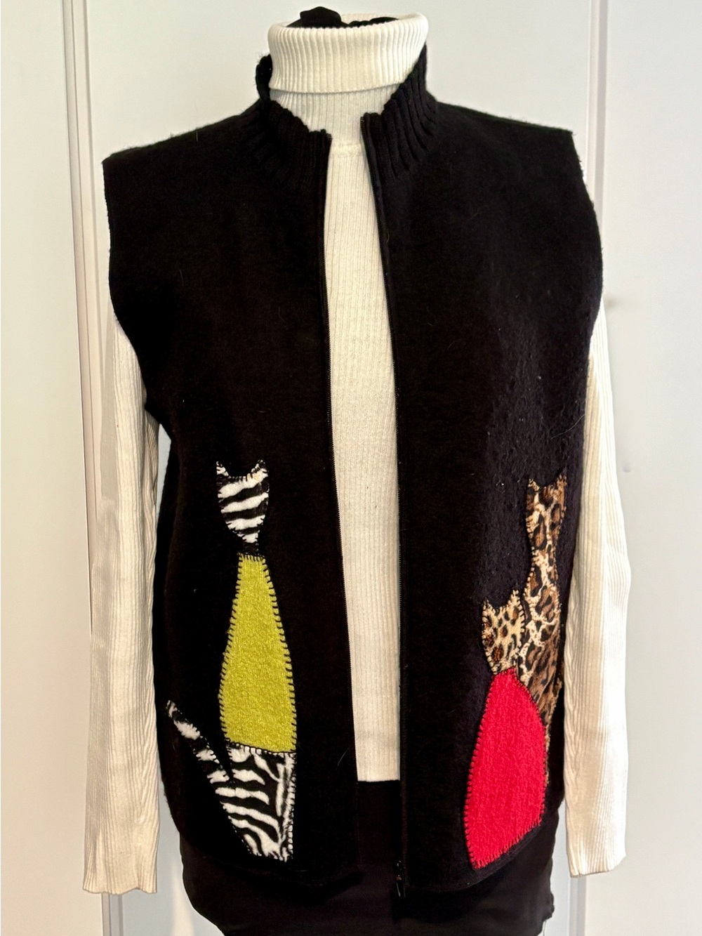 Coldwater Creek Black Wool Vest With Whimsical Patchwork Cats